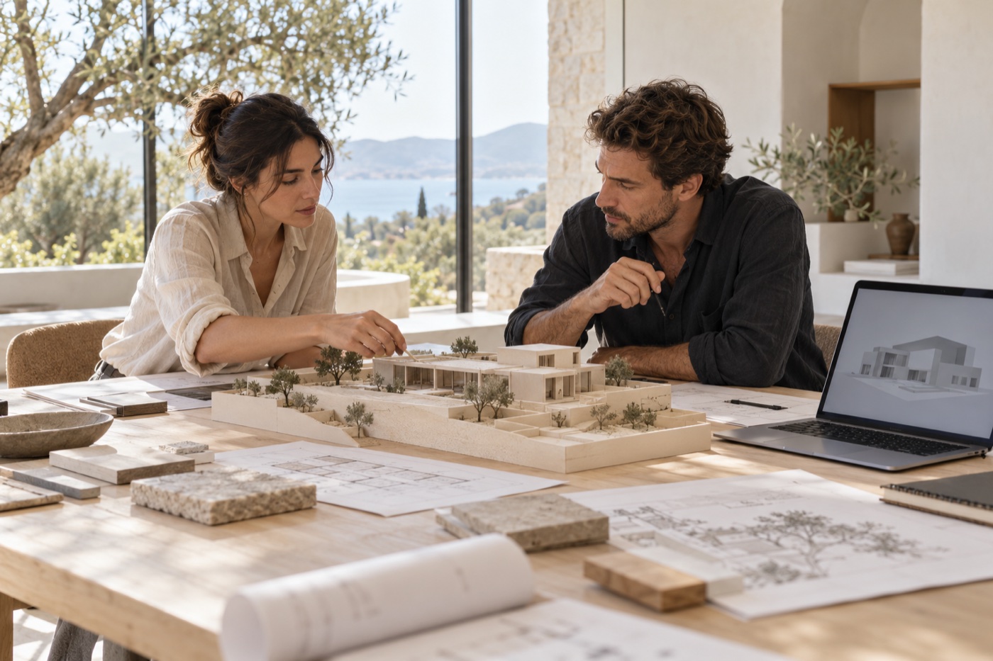 Escena conceptual de profesionales revisando planos y una maqueta de vivienda en un estudio luminoso