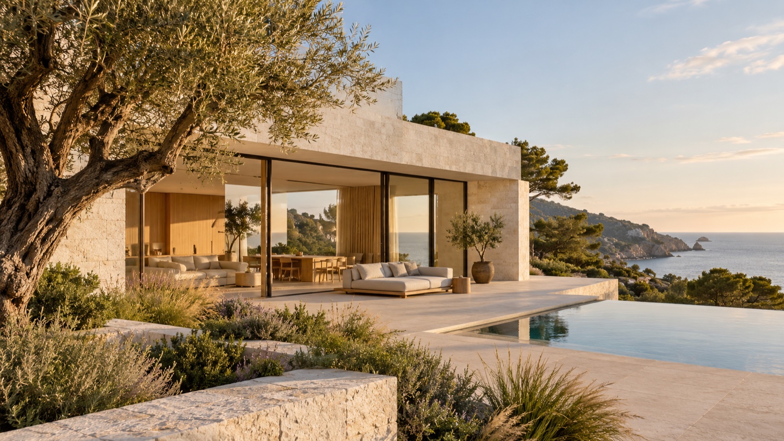 Concepto de vivienda mediterránea de piedra clara junto al mar, entre olivos